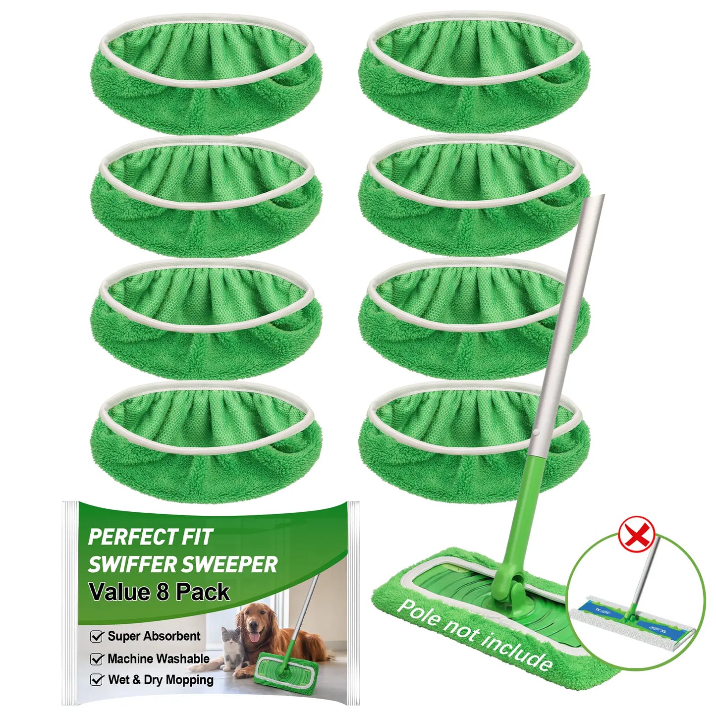 8-piece pack of reusable microfiber mop mats