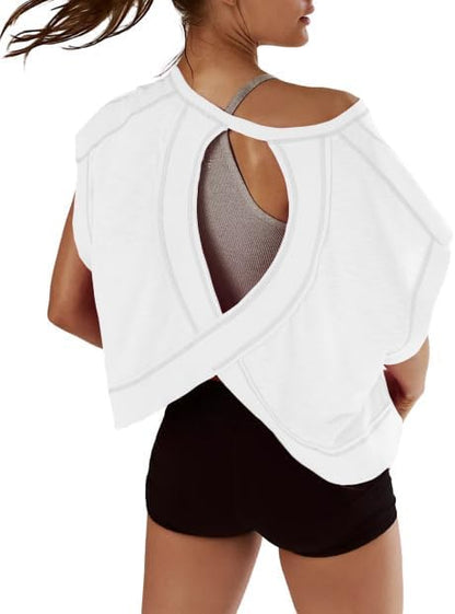 Women Short Sleeve Workout Shirts Open Back Tops Casual Yoga Y2k Athletic Gym Slouchy Crop Running Tees