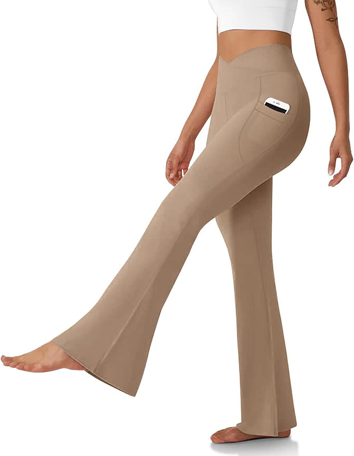 Women's Flare Leggings with Pockets Crossover High Waisted Bootcut Yoga Pants Tummy Control Bell Bottom Leggings