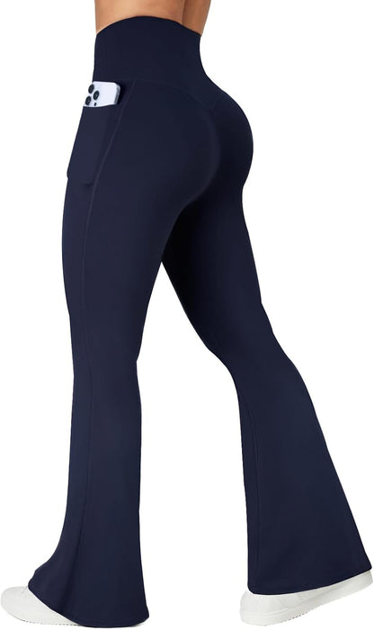 Flare Leggings with Pockets for Women Seamless Crossover Yoga Pants with Tummy Control Bootcut Work Pants Trendy