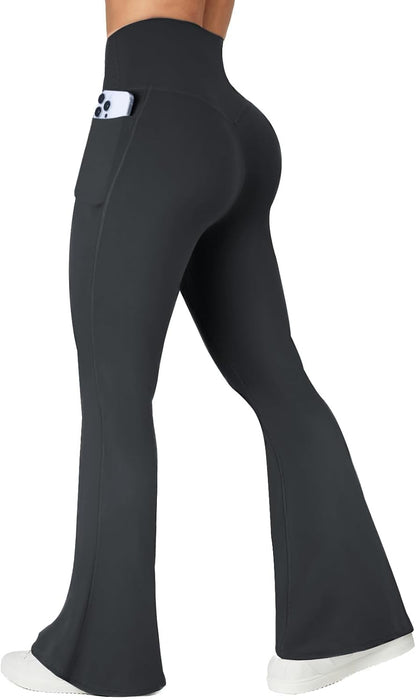 Flare Leggings with Pockets for Women Seamless Crossover Yoga Pants with Tummy Control Bootcut Work Pants Trendy