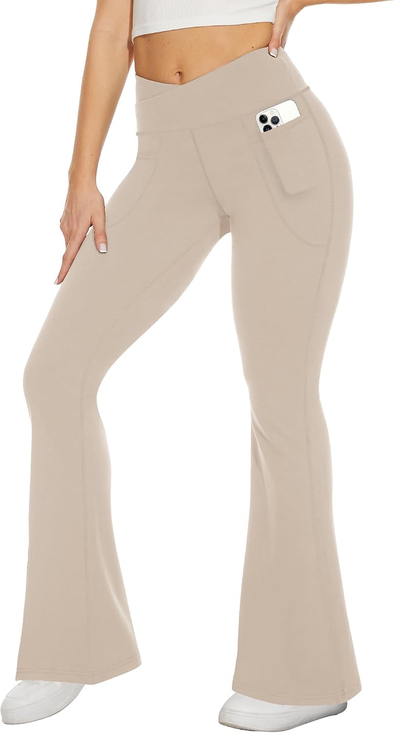 Black Flare Leggings for Women, Crossover Yoga Pants with Pockets Bootcut Flared Leggings