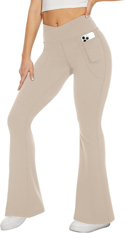 Black Flare Leggings for Women, Crossover Yoga Pants with Pockets Bootcut Flared Leggings