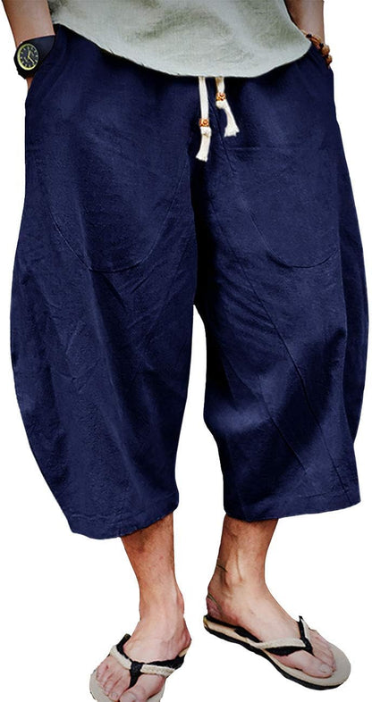 Mens Cotton Linen Capri Pants Light Loose 3/4 Long Shorts Elastic Waist Drawstring Harem Casual Beach Yoga Trousers