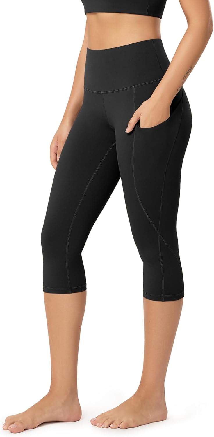Women's High Waisted Yoga Capris with Pockets, Tummy Control Non See Through Workout Athletic Running Capri Leggings