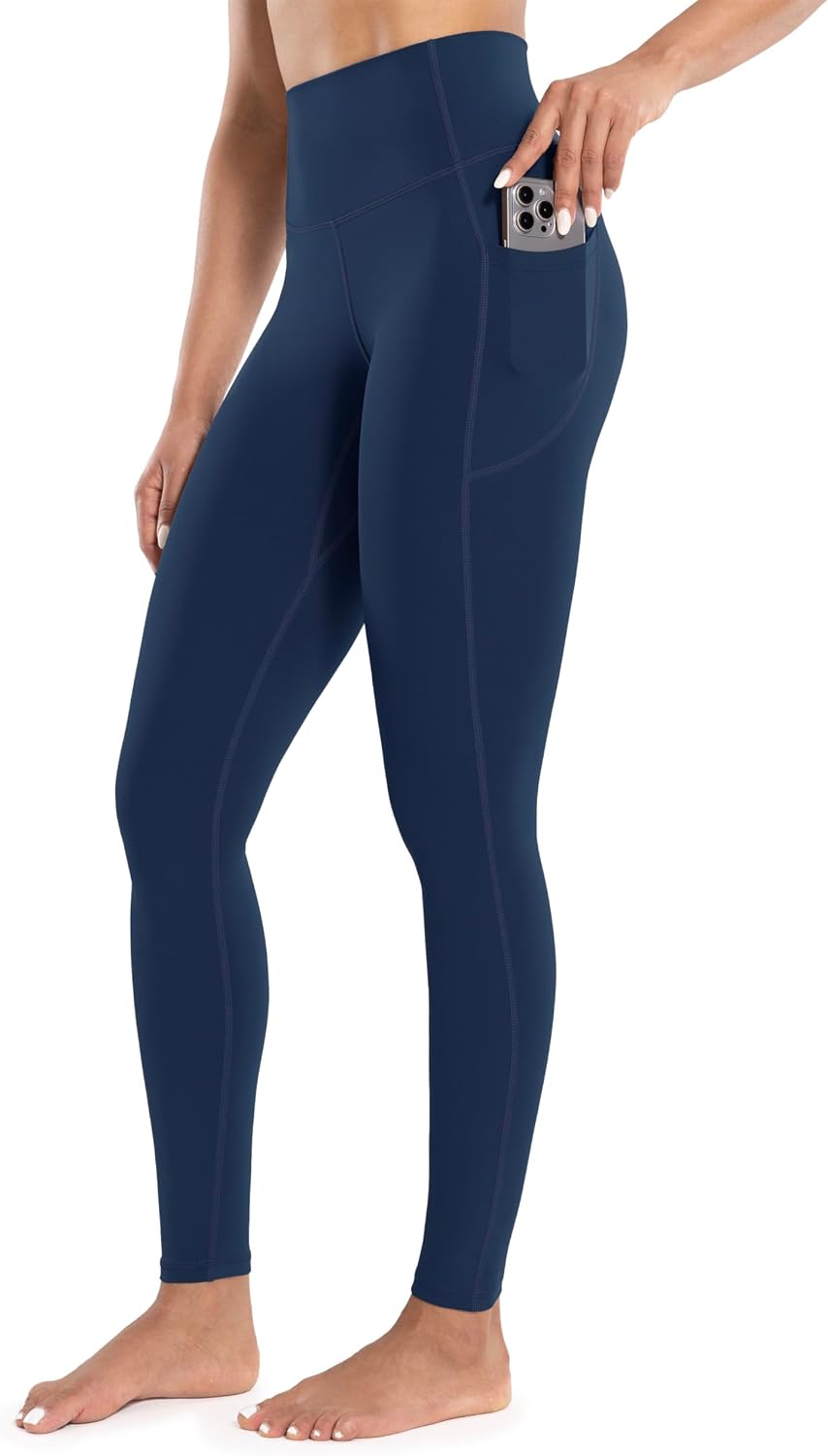 Workout Leggings with Pockets for Women High Waist Yoga Pants 25"/28" Cream Soft Lightweight Athletic Gym Tights