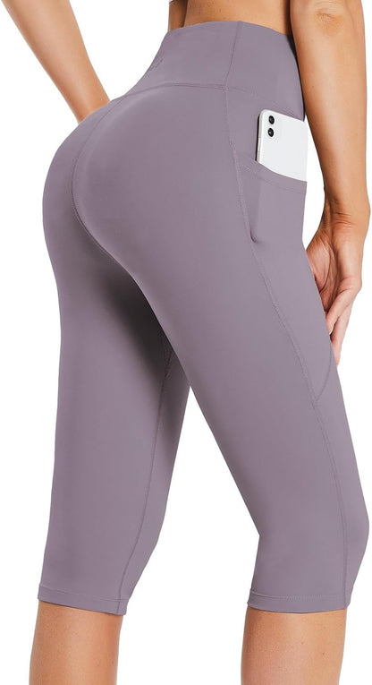 Women's Capri Leggings with Pockets High Waisted Knee Length Capris Stretch for Casual Yoga Pants Workout Exercise