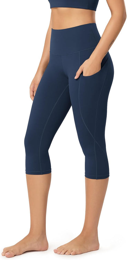 Women's High Waisted Yoga Capris with Pockets, Tummy Control Non See Through Workout Athletic Running Capri Leggings