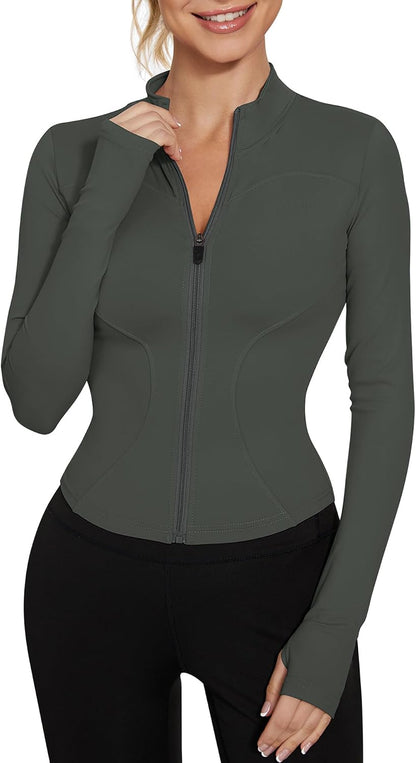 Women's Workout Jacket Lightweight Zip Up Yoga Jacket Cropped Athletic Slim Fit Tops