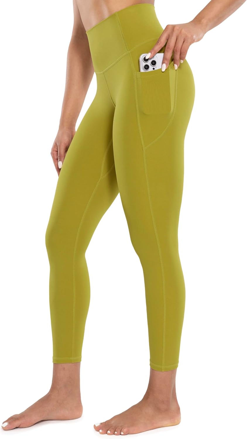 Workout Leggings with Pockets for Women High Waist Yoga Pants 25"/28" Cream Soft Lightweight Athletic Gym Tights