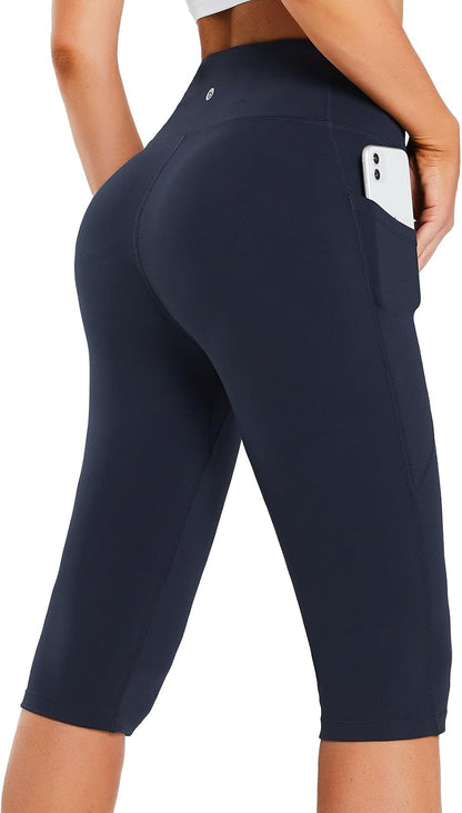 Women's Capri Leggings with Pockets High Waisted Knee Length Capris Stretch for Casual Yoga Pants Workout Exercise