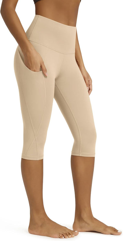 Women's High Waisted Yoga Capris with Pockets, Tummy Control Non See Through Workout Athletic Running Capri Leggings