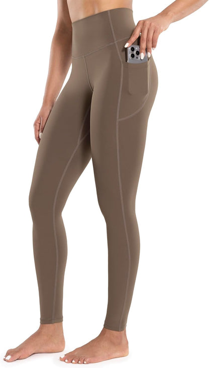 Workout Leggings with Pockets for Women High Waist Yoga Pants 25"/28" Cream Soft Lightweight Athletic Gym Tights