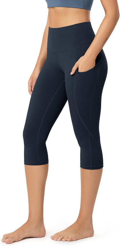 Women's High Waisted Yoga Capris with Pockets, Tummy Control Non See Through Workout Athletic Running Capri Leggings