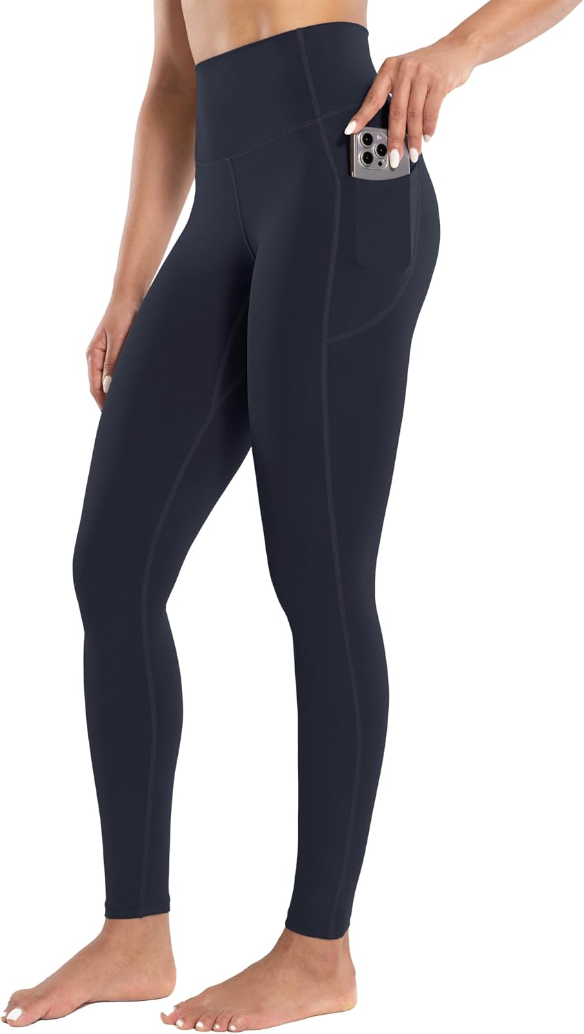 Workout Leggings with Pockets for Women High Waist Yoga Pants 25"/28" Cream Soft Lightweight Athletic Gym Tights