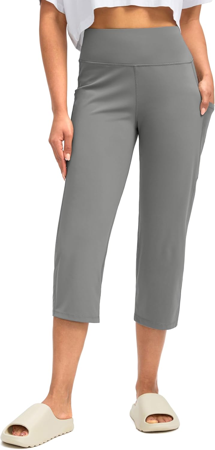Gradual Capri Pants for Women High Waist Workout Yoga Pants with Pockets Tummy Control Leggings Crop Straight