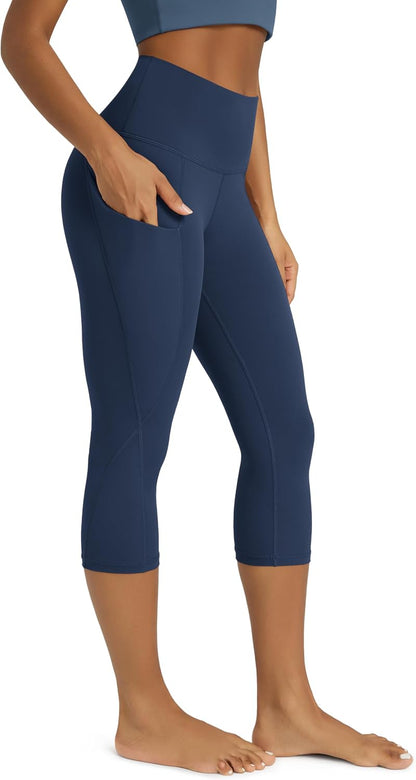 Women's High Waisted Yoga Capris with Pockets, Tummy Control Non See Through Workout Athletic Running Capri Leggings