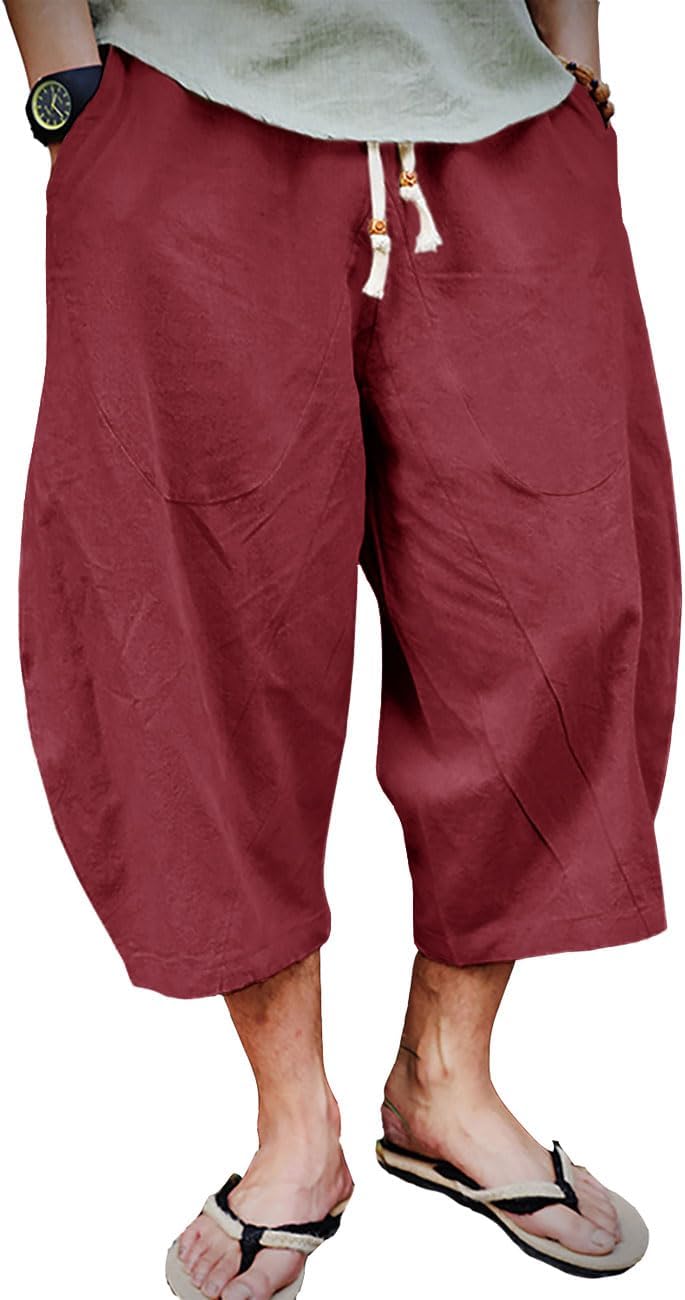 Mens Cotton Linen Capri Pants Light Loose 3/4 Long Shorts Elastic Waist Drawstring Harem Casual Beach Yoga Trousers