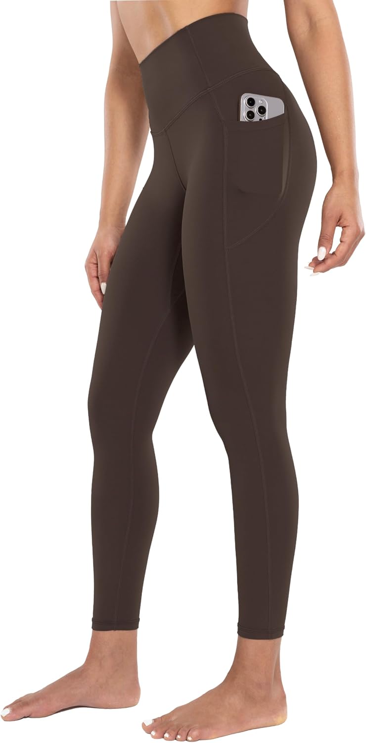 Workout Leggings with Pockets for Women High Waist Yoga Pants 25"/28" Cream Soft Lightweight Athletic Gym Tights