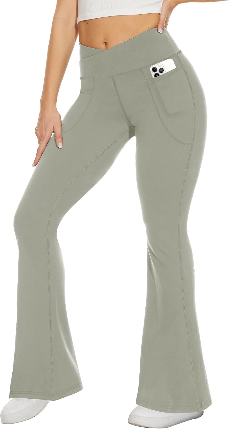 Black Flare Leggings for Women, Crossover Yoga Pants with Pockets Bootcut Flared Leggings