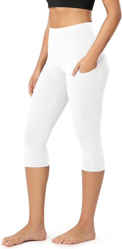 Women's High Waisted Yoga Capris with Pockets, Tummy Control Non See Through Workout Athletic Running Capri Leggings