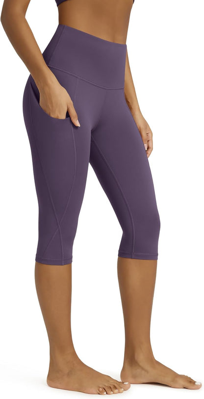Women's High Waisted Yoga Capris with Pockets, Tummy Control Non See Through Workout Athletic Running Capri Leggings