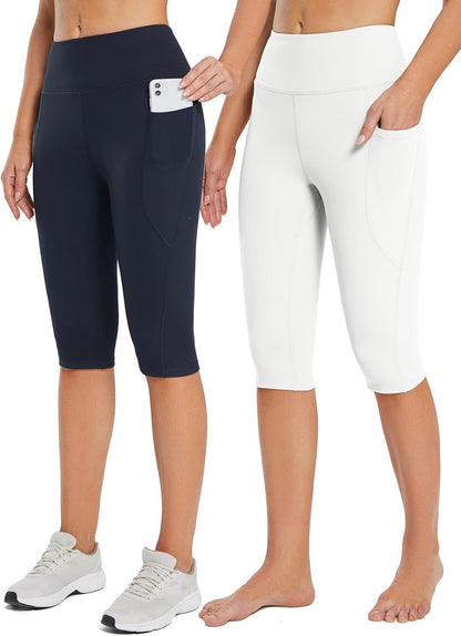 Women's Capri Leggings with Pockets High Waisted Knee Length Capris Stretch for Casual Yoga Pants Workout Exercise