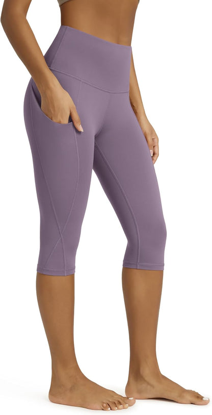 Women's High Waisted Yoga Capris with Pockets, Tummy Control Non See Through Workout Athletic Running Capri Leggings