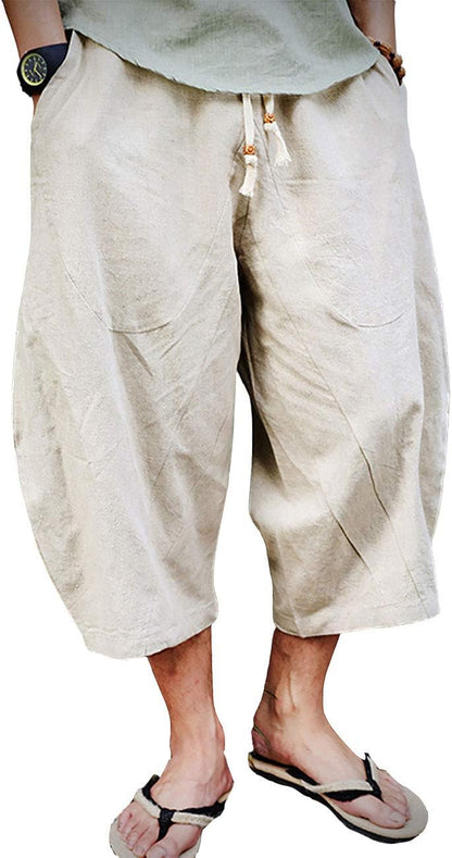 Mens Cotton Linen Capri Pants Light Loose 3/4 Long Shorts Elastic Waist Drawstring Harem Casual Beach Yoga Trousers