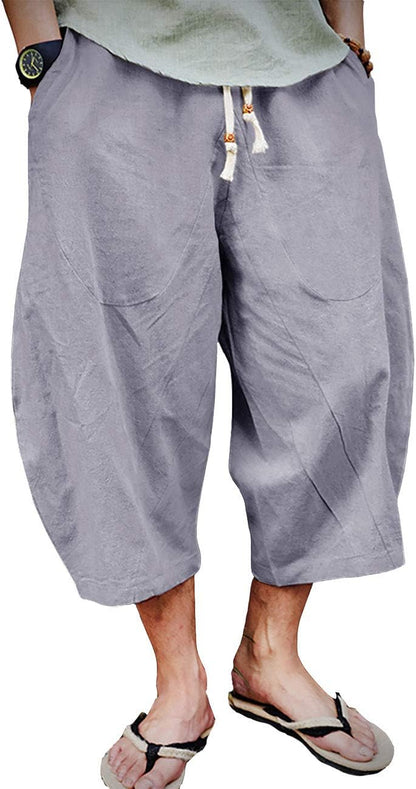 Mens Cotton Linen Capri Pants Light Loose 3/4 Long Shorts Elastic Waist Drawstring Harem Casual Beach Yoga Trousers