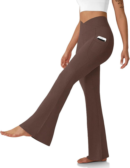 Women's Flare Leggings with Pockets Crossover High Waisted Bootcut Yoga Pants Tummy Control Bell Bottom Leggings