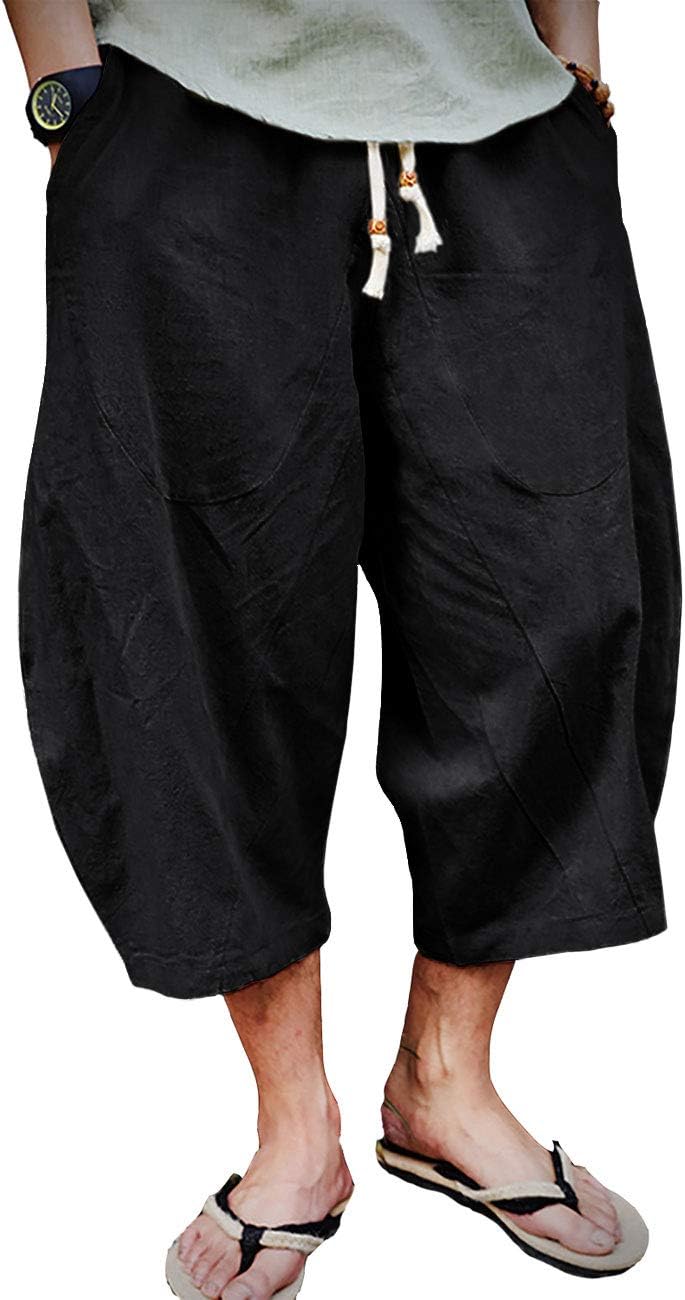 Mens Cotton Linen Capri Pants Light Loose 3/4 Long Shorts Elastic Waist Drawstring Harem Casual Beach Yoga Trousers