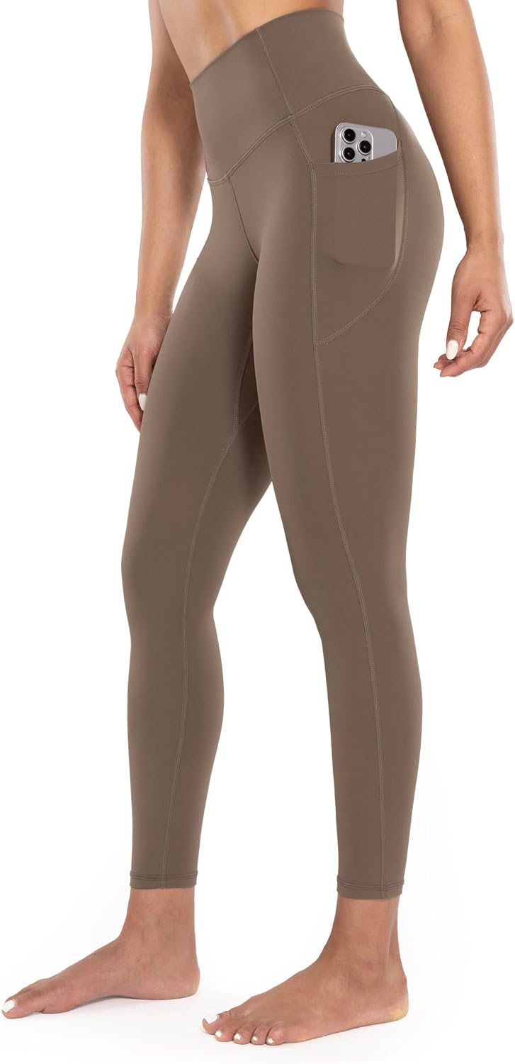 Workout Leggings with Pockets for Women High Waist Yoga Pants 25"/28" Cream Soft Lightweight Athletic Gym Tights