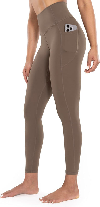 Workout Leggings with Pockets for Women High Waist Yoga Pants 25"/28" Cream Soft Lightweight Athletic Gym Tights