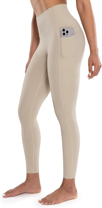 Workout Leggings with Pockets for Women High Waist Yoga Pants 25"/28" Cream Soft Lightweight Athletic Gym Tights