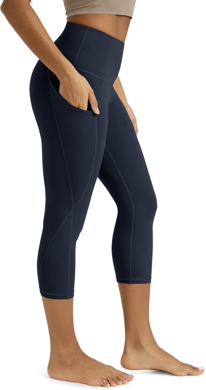 Women's High Waisted Yoga Capris with Pockets, Tummy Control Non See Through Workout Athletic Running Capri Leggings