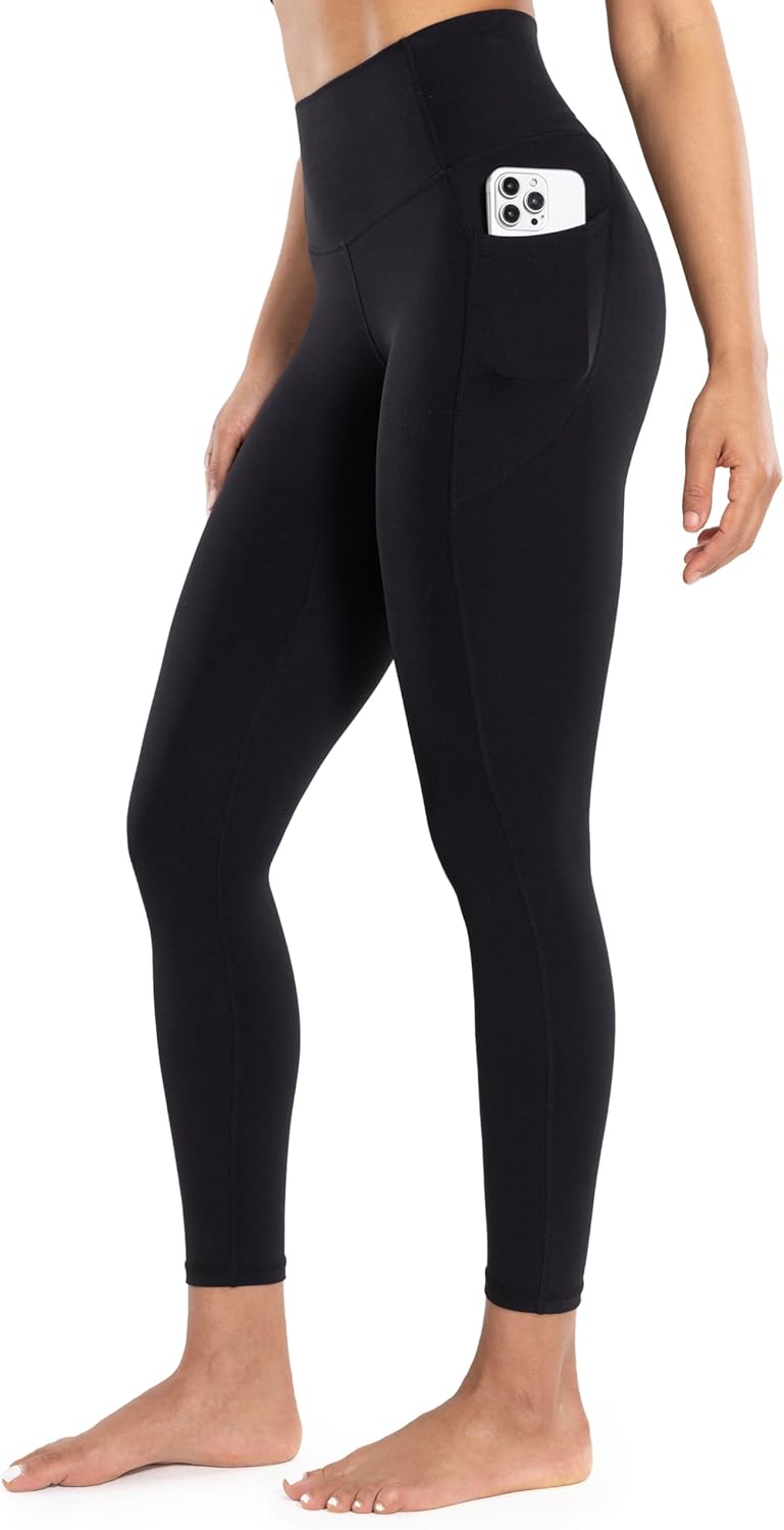 Workout Leggings with Pockets for Women High Waist Yoga Pants 25"/28" Cream Soft Lightweight Athletic Gym Tights