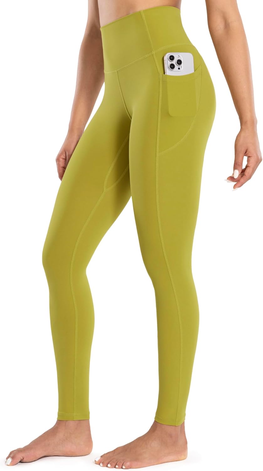 Workout Leggings with Pockets for Women High Waist Yoga Pants 25"/28" Cream Soft Lightweight Athletic Gym Tights