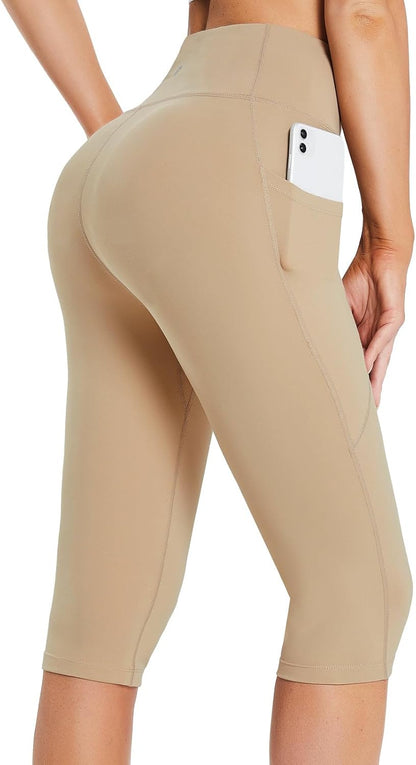 Women's Capri Leggings with Pockets High Waisted Knee Length Capris Stretch for Casual Yoga Pants Workout Exercise