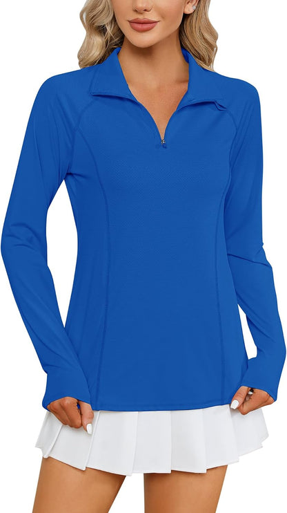 Women Long Sleeve Shirts Sun Protection 1/4 Zip Summer Quick Dry Hiking Shirts Quarter Zip Pullover for Women