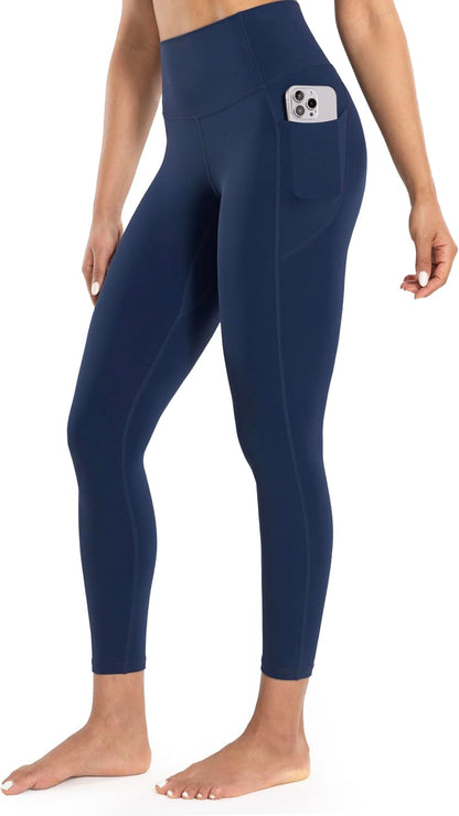 Workout Leggings with Pockets for Women High Waist Yoga Pants 25"/28" Cream Soft Lightweight Athletic Gym Tights
