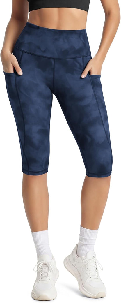 Women's High Waisted Yoga Capris with Pockets, Tummy Control Non See Through Workout Athletic Running Capri Leggings