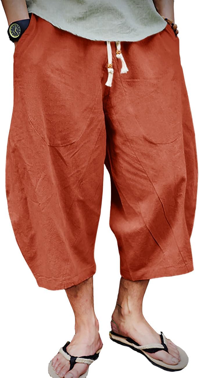 Mens Cotton Linen Capri Pants Light Loose 3/4 Long Shorts Elastic Waist Drawstring Harem Casual Beach Yoga Trousers