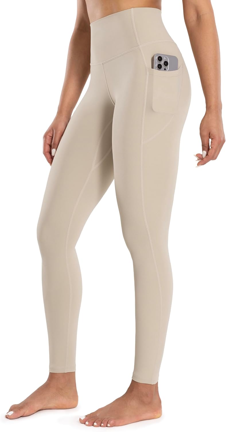 Workout Leggings with Pockets for Women High Waist Yoga Pants 25"/28" Cream Soft Lightweight Athletic Gym Tights