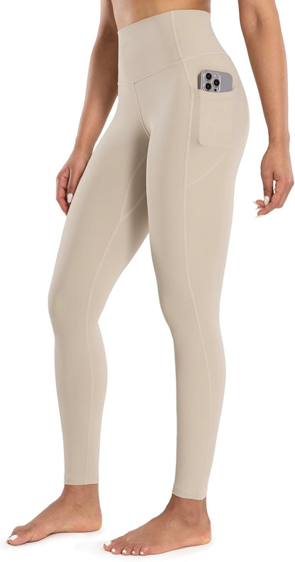 Workout Leggings with Pockets for Women High Waist Yoga Pants 25"/28" Cream Soft Lightweight Athletic Gym Tights