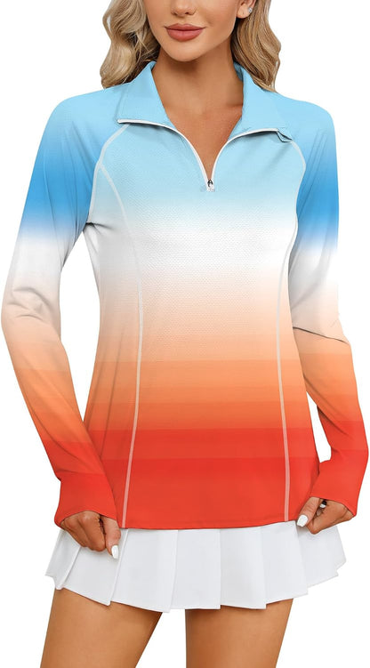 Women Long Sleeve Shirts Sun Protection 1/4 Zip Summer Quick Dry Hiking Shirts Quarter Zip Pullover for Women