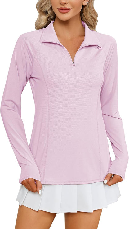 Women Long Sleeve Shirts Sun Protection 1/4 Zip Summer Quick Dry Hiking Shirts Quarter Zip Pullover for Women