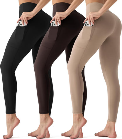 3 Pack Leggings with Pockets for Women,High Waisted Tummy Control Workout Yoga Pants Reg & Plus Size