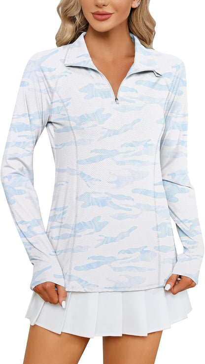 Women Long Sleeve Shirts Sun Protection 1/4 Zip Summer Quick Dry Hiking Shirts Quarter Zip Pullover for Women