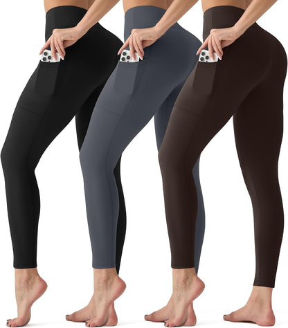 3 Pack Leggings with Pockets for Women,High Waisted Tummy Control Workout Yoga Pants Reg & Plus Size